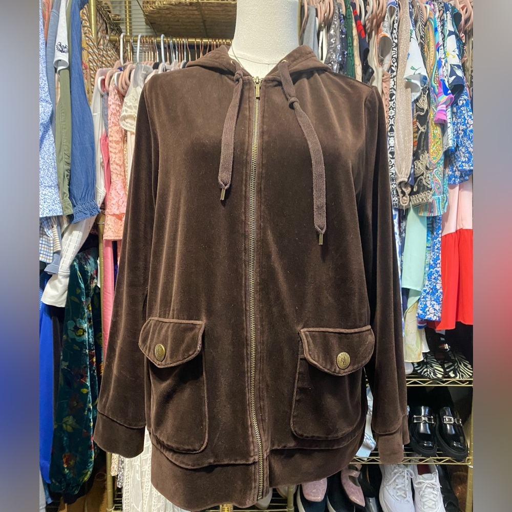 Lauren Ralph Lauren Chocolate Brown Velour Full Zip Hoodie Jacket 1X